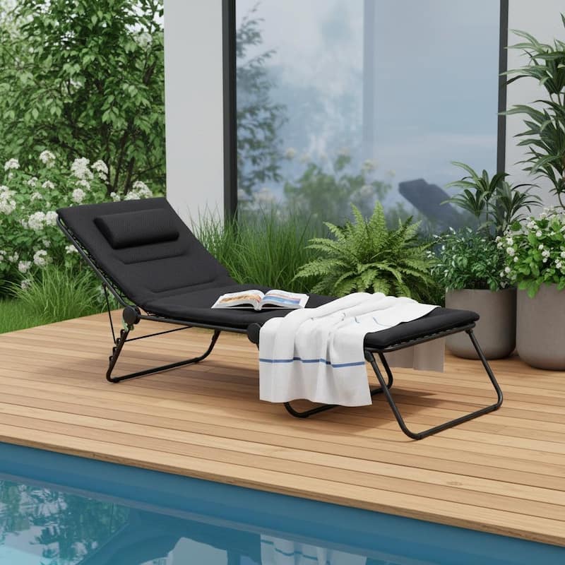 28" Black and Steel Outdoor Chaise Lounge with Black Cushion - Black