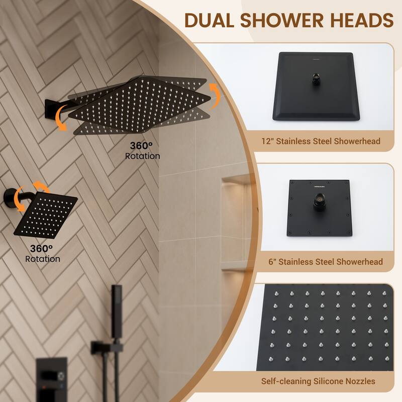 4-Spray Wall Mount 12 and 6 in. Dual Fixed and Handheld Shower Head with Waterfall Tub Spout (Valve Included) - 12" x 12"