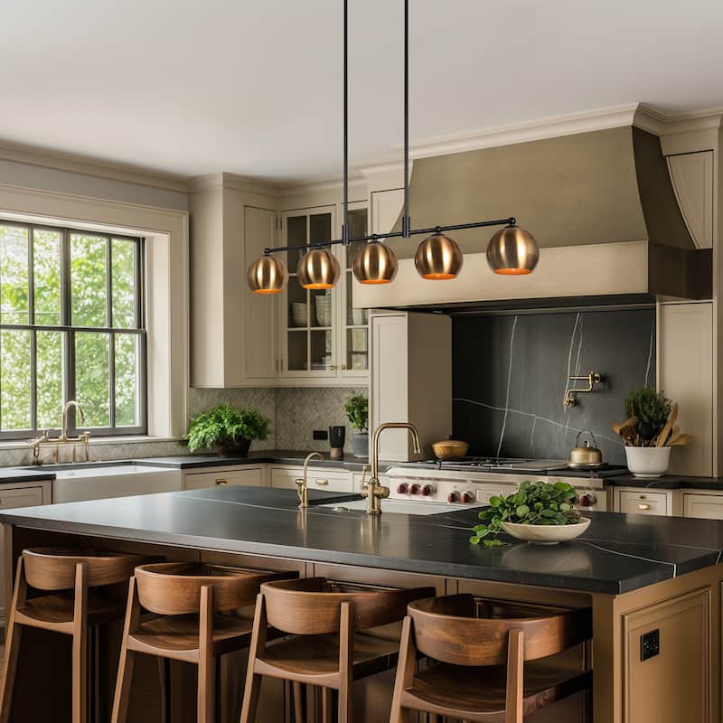 Modern Black Gold 5-Light Linear Chandelier Kitchen island Pendant Lights with Metal Shades - L38.5" x W5.5" x H7.5"