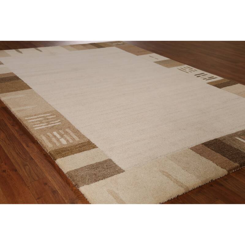 Border Gabbeh Indian Area Rug Hand-Tufted Solid Beige Wool Carpet - 5'3" x 7'7" - 5'3" x 7'7" - Ivory/Beige