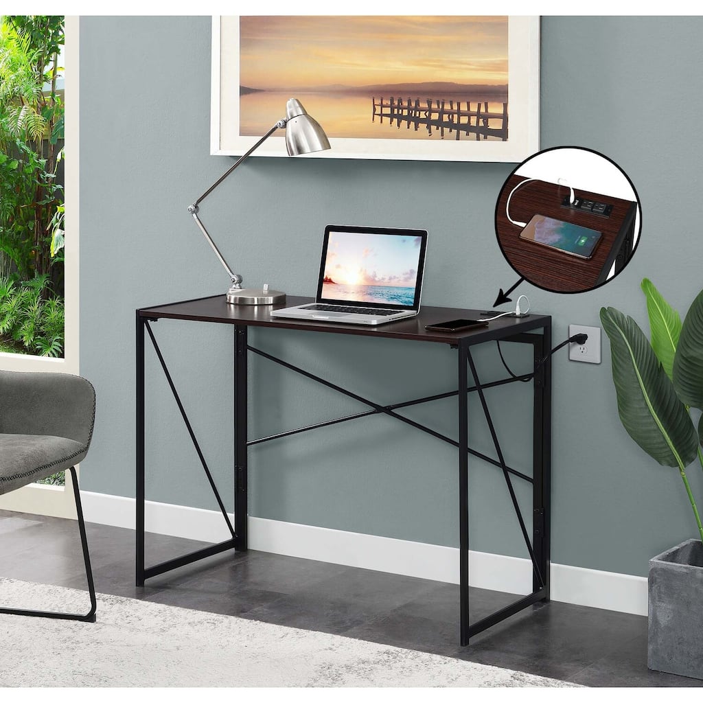 Folding Desk with Charging Station - Home Office Desk, Compact Space Saver, USB Ports, Easy Assembly, 39.5"