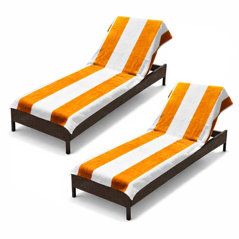 100% Cotton Cabana‑Stripe Lounge Chair Cover Terry Towel with Fitted Pocket & Back Flap Set of 2
