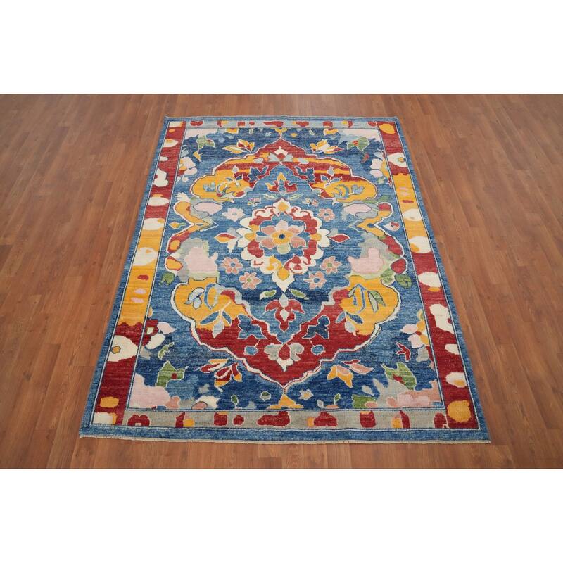 Hand Knotted Oriental 100% Wool Carpet Transitional Floral Navy Blue & Blues Oushak Area Rug - 6' 6'' X 4' 11''