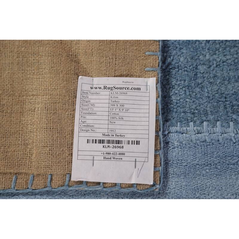 Geometric Blue Kilim Turkish Area Rug Hand-Woven Silk Carpet - 9'10"x 13'1"
