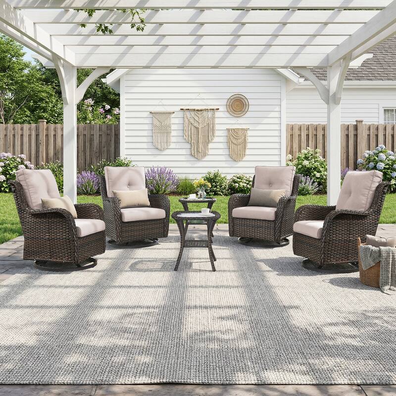 Pocassy Outdoor Patio Wciker Sofa Furniture Set of Chair Table. - Brown Wicker with Beige Cushion - 6-Piece Swivel Chairs w/ Side Table