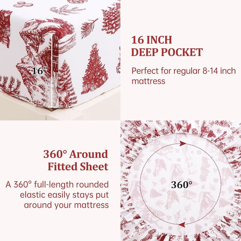 Christmas Red Boho Holiday Bed Sheets Set with 16 Inches Deep Pocket