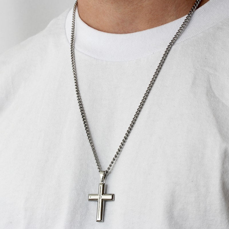 Steel Nation Stainless Steel Diamond Cross Pendant 0.03ct