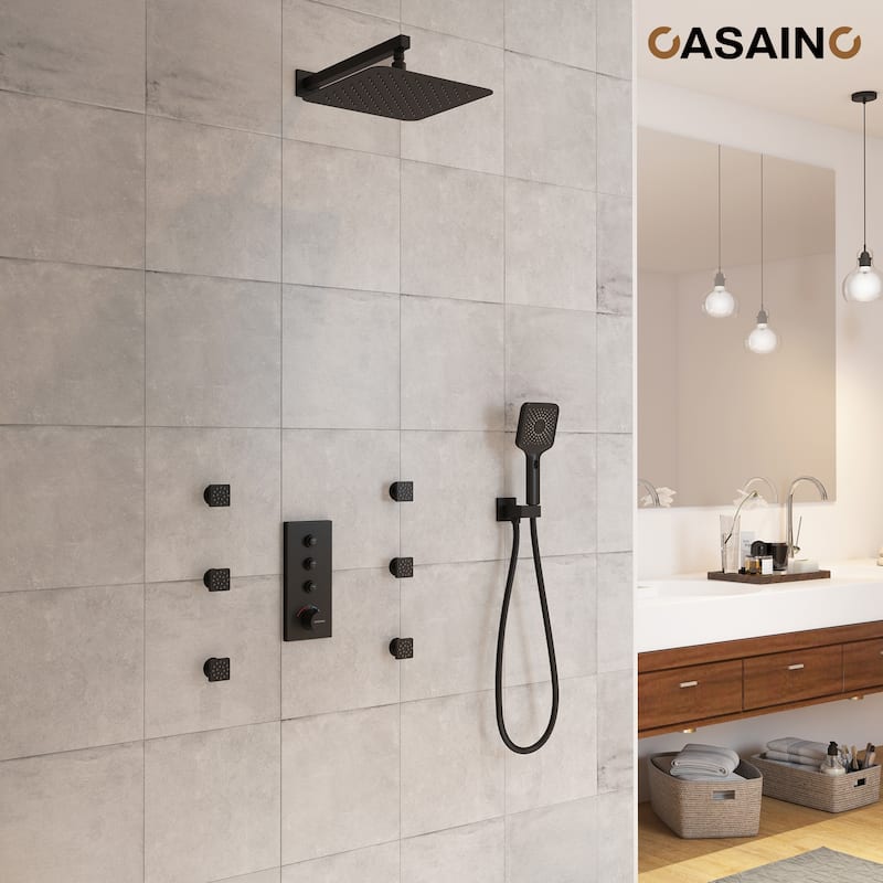 Luxury Thermostatic Shower System 3-Spray Patterns Wall Mount Fixed Shower Head and Handheld Spray with 6 Body Jets - 12" x 12"