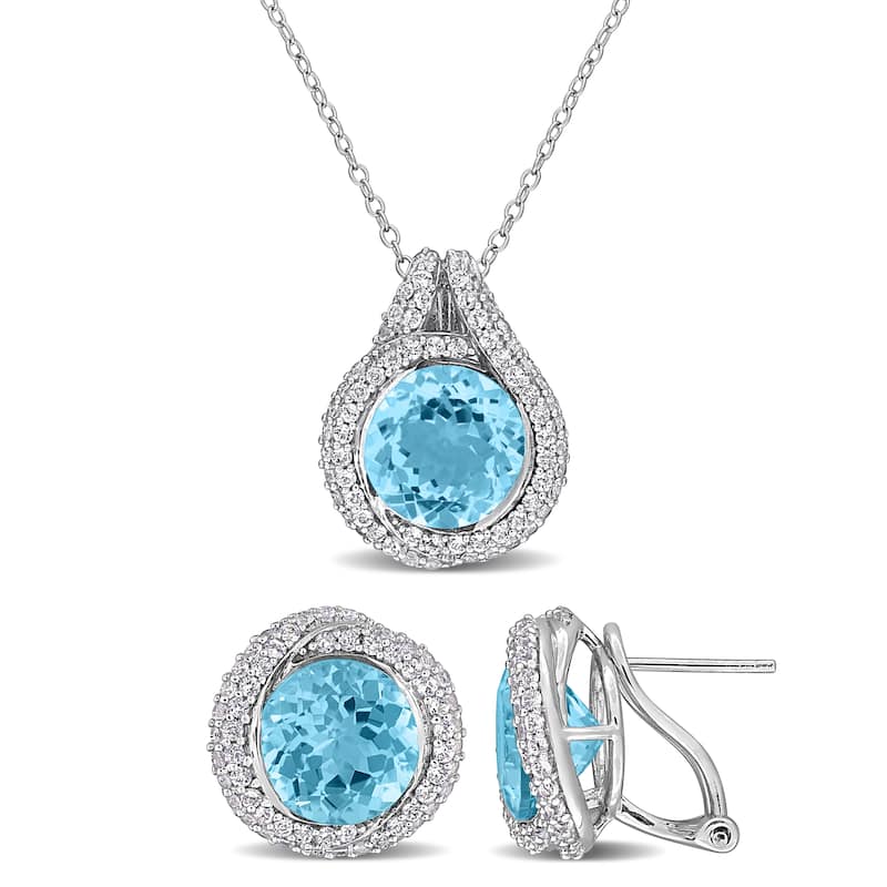 Miadora Sterling Silver Gemstone Halo Necklace and Earrings Set - Blue
