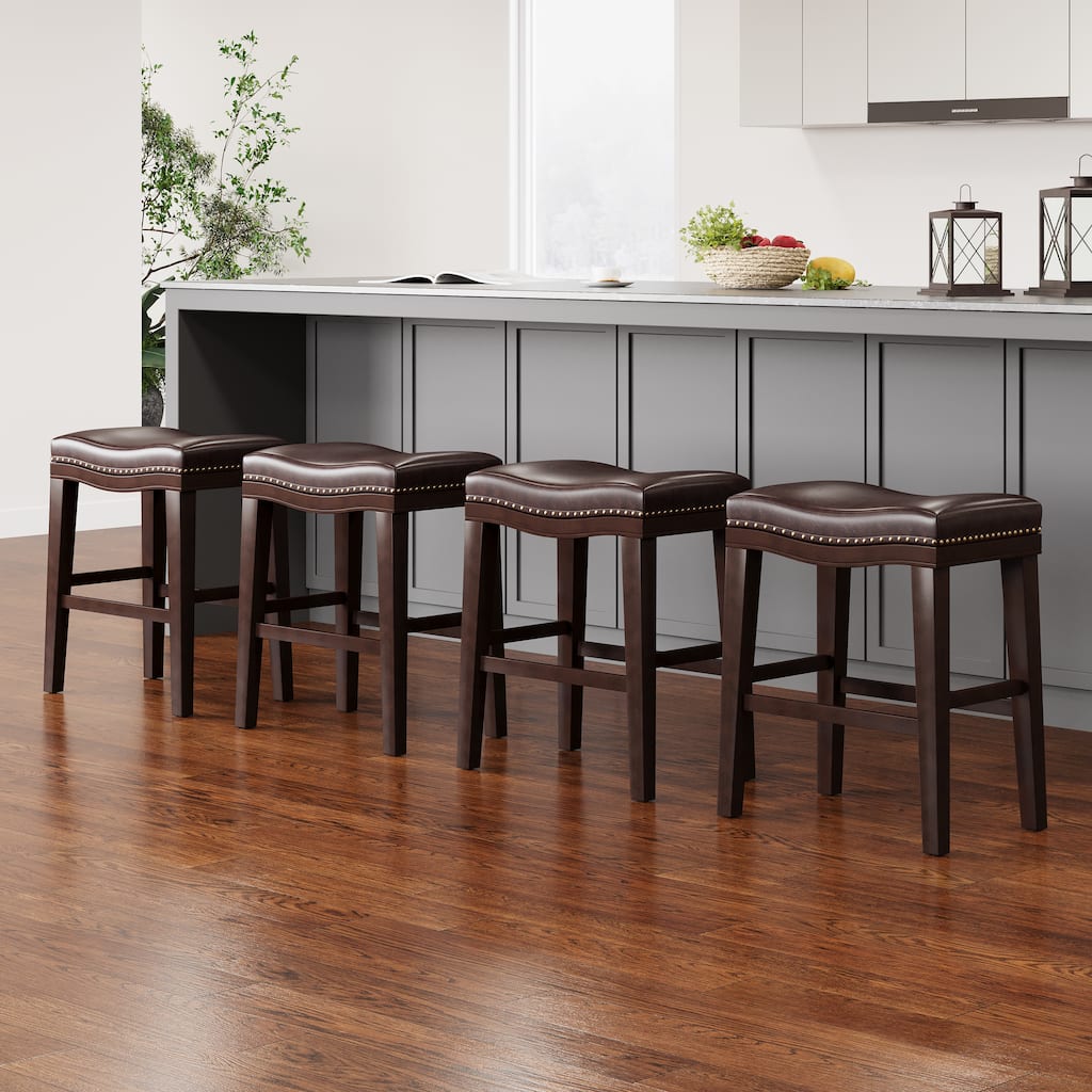 26" Contemporary Upholstered Saddle Counter Stool with Nailhead Trim (Set of 4), Dark Brown