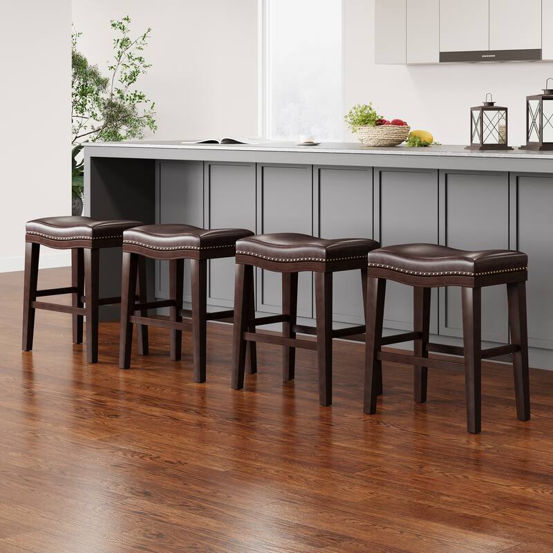 26" Saddle Counter Stool Set of 4 Leather Upholstered Bar Stools with Nailhead Trim Backless Kitchen Island Stools - Dark Brown