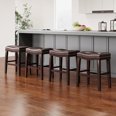 Roomfitters Upholstered Saddle Counter Stools, 26" Nailhead Trim Bar Chairs Set of 4, Dark Brown