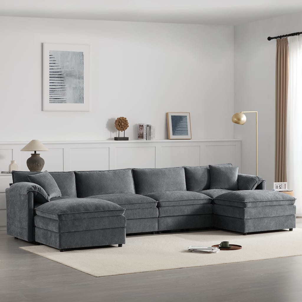 Roomfitters 136" Chenille Sectional Sofa, U Shaped Cloud Couch with Deep Wide Seat, 6 Seat Sofa with Ottoman