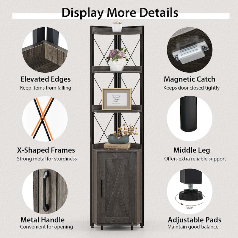 Costway 6-Tier Corner Bookshelf with 5-Level Adjustable Shelf & - 19'' x 12.5'' x 71'' (L x W x H)