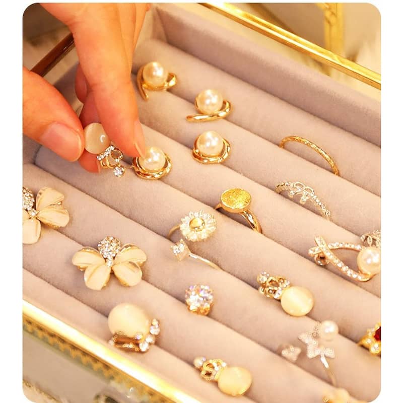 Golden Brass Vintage Glass Jewelry Box,Jewelry Organizer with 4 Drawers Earring Holder - Gold
