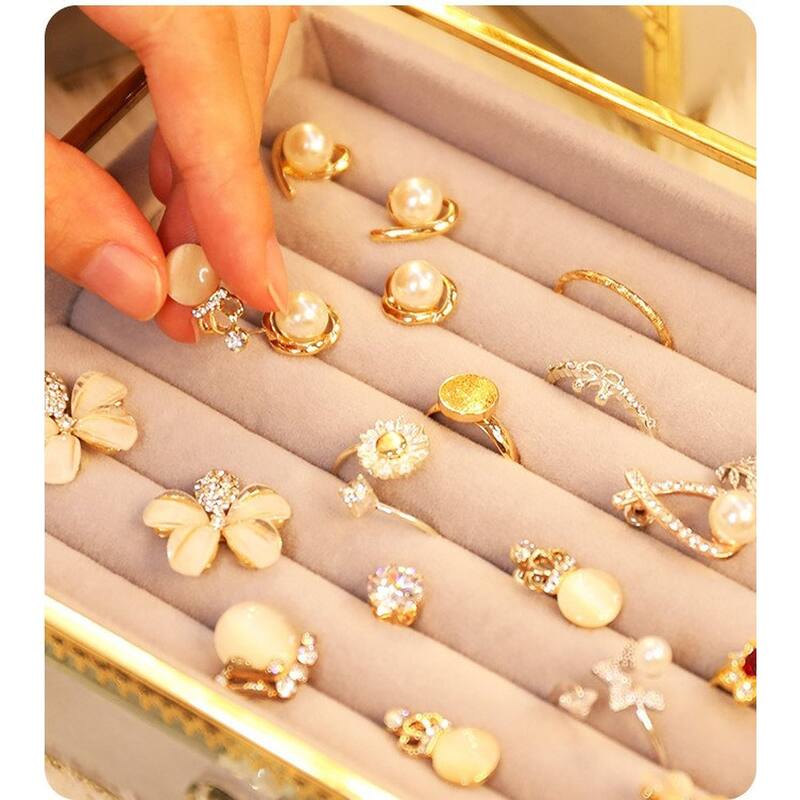 Golden Brass Vintage Glass Jewelry Box,Jewelry Organizer with 4 Drawers