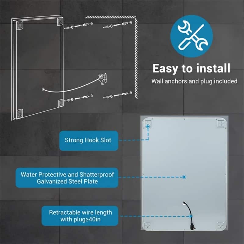 Clear Glass LED Vanity Mirror with Defog, Dimmable Light and Touch Control - 36” x 28”