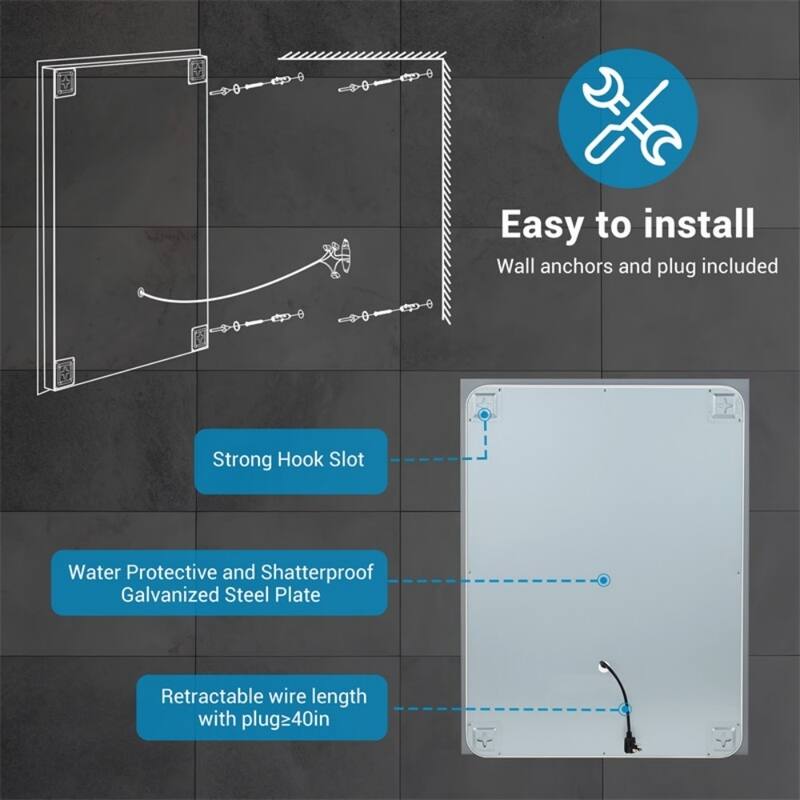 Clear Glass LED Bathroom Mirror with Aluminum Frame, Defog and Touch Control - 40” W x 24” H