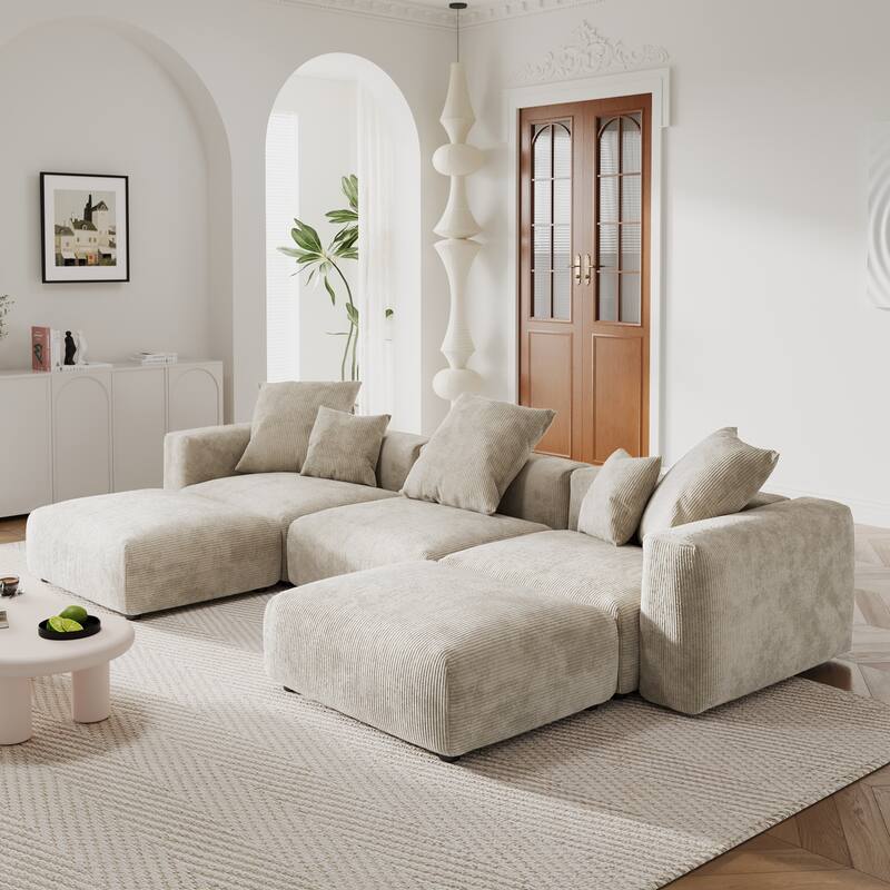 141.73" U-shape Corduroy Modular Sofa, Large Size Comfy Sectional Couch Sofa with 5 Pillows