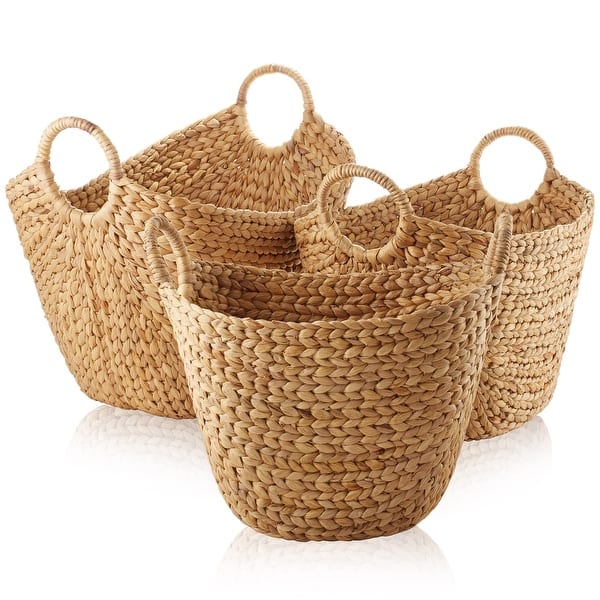 Set of 3 Water Hyacinth Boat Baskets, Woven Laundry Totes by Casafield
