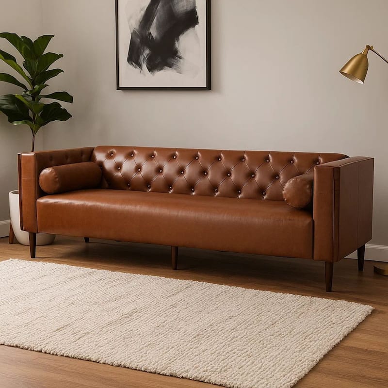 Biya Sofa, 3 Seater, 90 Inch, Tufted Brown Faux Leather, 2 Pillows