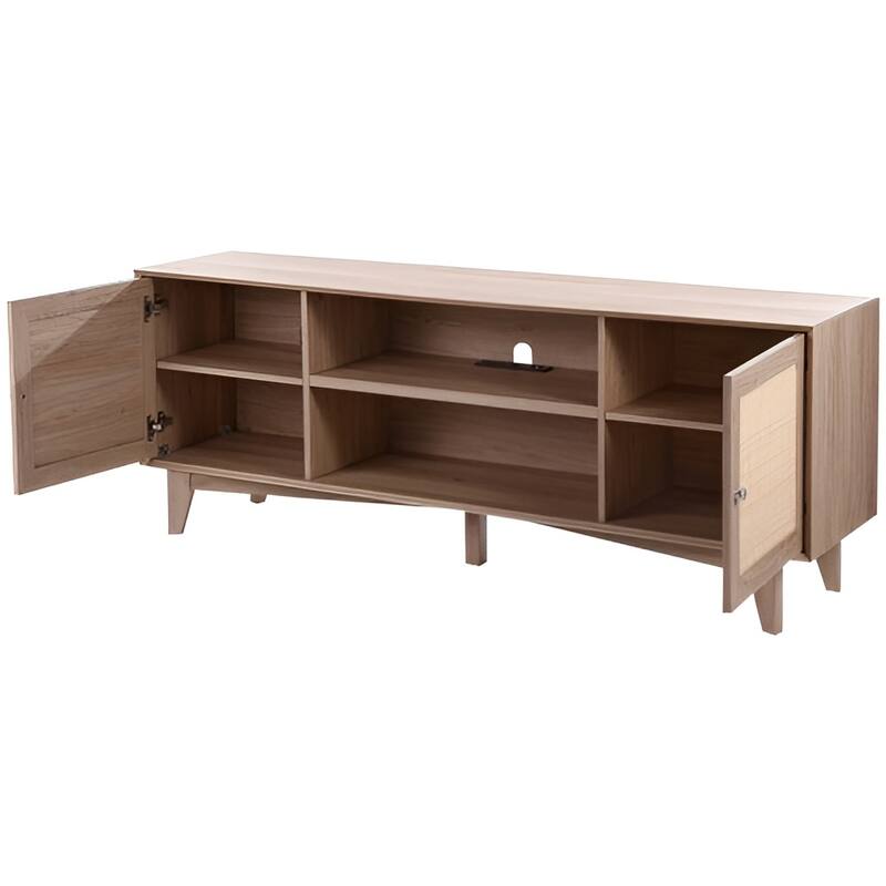 Rattan TV Stand for 75 Inch TV Mid Century Modern Cabinet with Storage - 17.4x17.4x13.8in