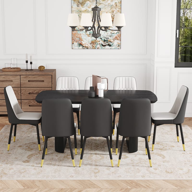 Dining Table Set Ergonomic Chairs for 8, Leather Padded Dining Chairs with Metal Legs, Luxury Dining Set - Black Dark Gray White