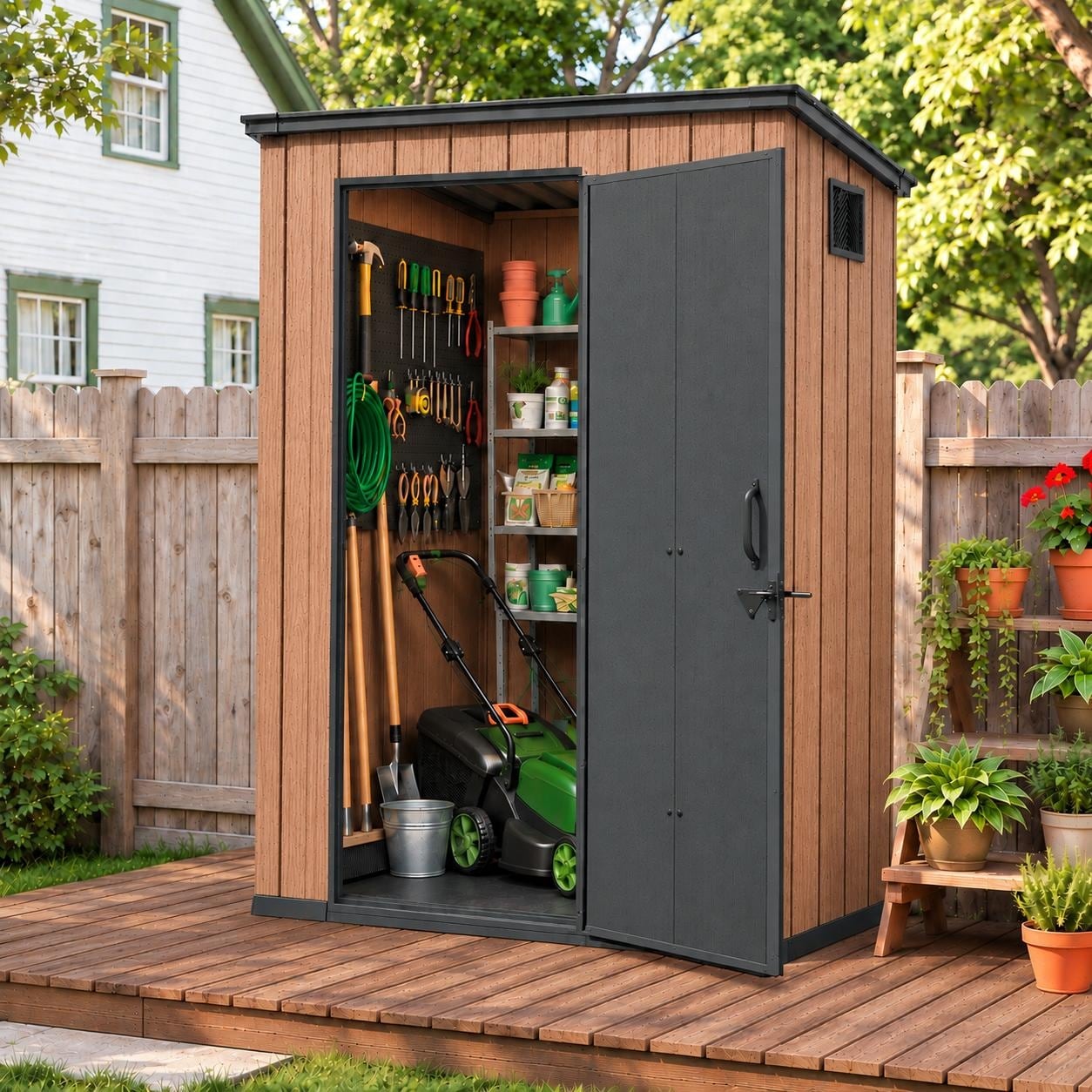 5x3/6x4 FT Outdoor Resin Storage Shed for Garden Tools- Lockable with Floor & Windows, Weatherproof & Rustproof