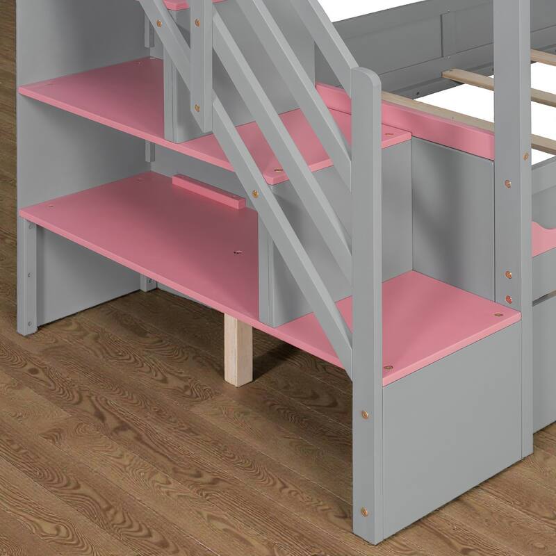 Twin Over Twin Bunk Bed with House Design, Staircase Storage Drawers and LED Lights, Kids Castle Bunk Bed