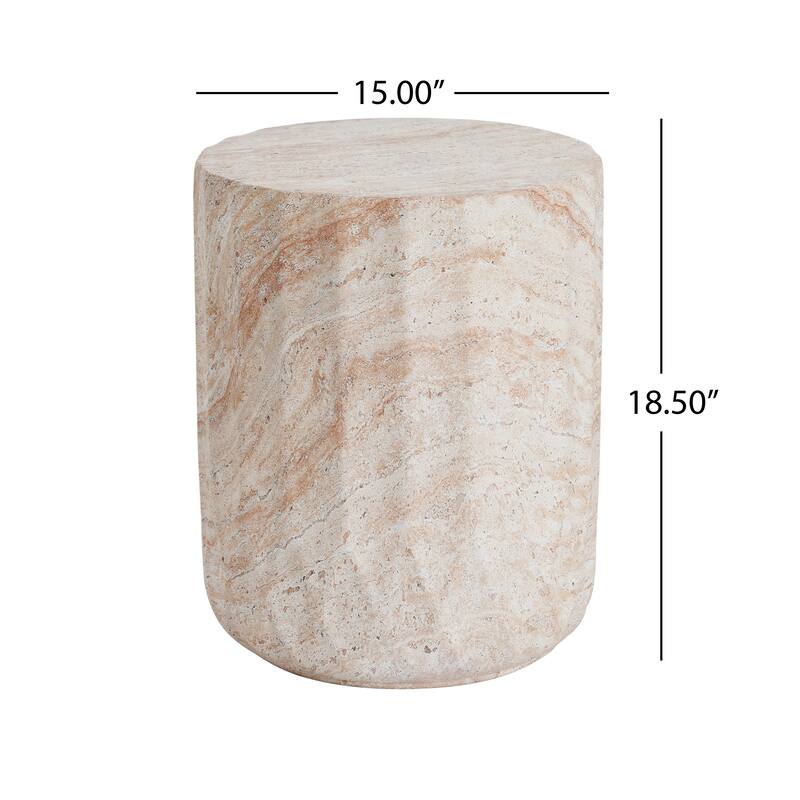 Outdoor Indoor Lightweight Concrete Side Table, Cylinder Travertine Finish Accent Table - 18.47