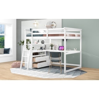 Wood Loft White Bed with Ladder Full Bed with Desk, Shelves, 2 Drawers