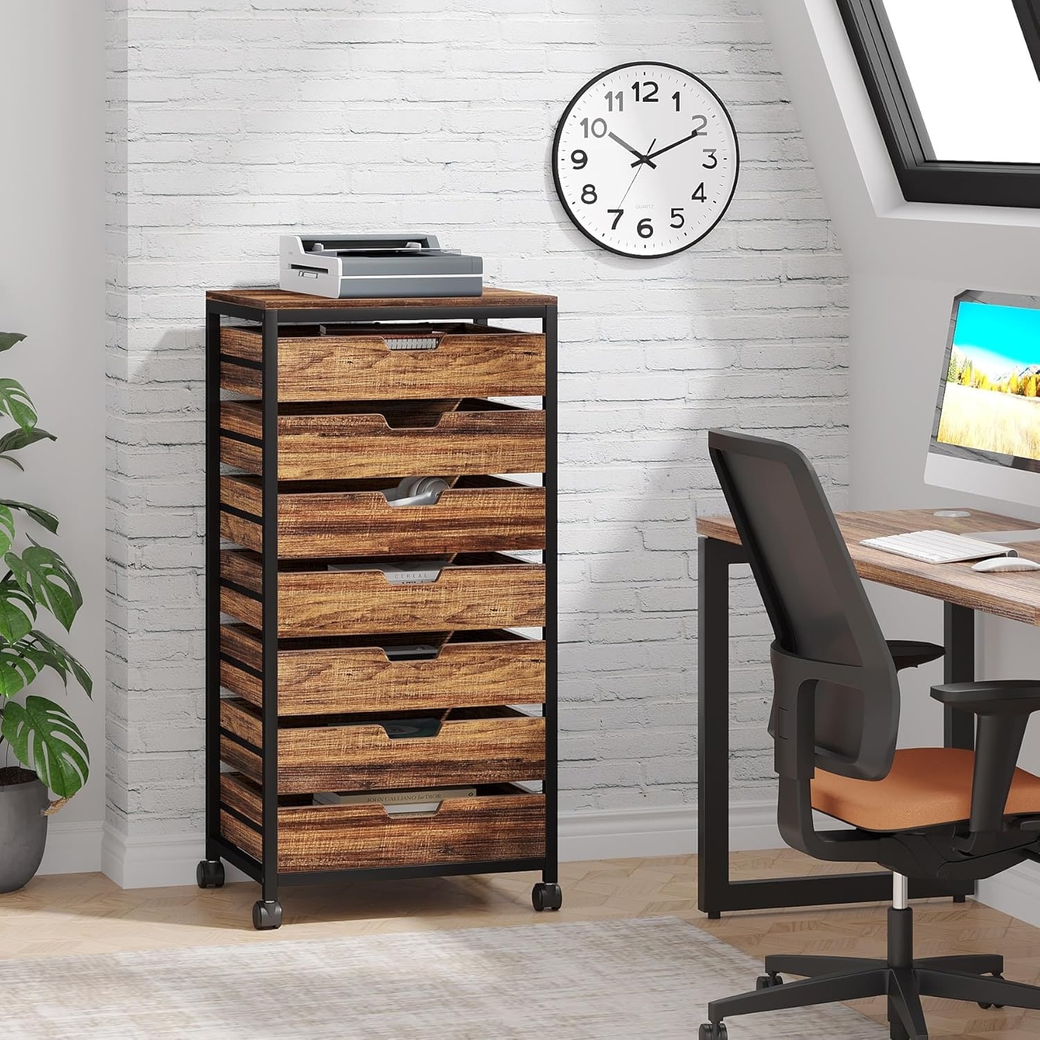 7-Drawer Storage Dresser Cabinet with Wheels Rustic Brown