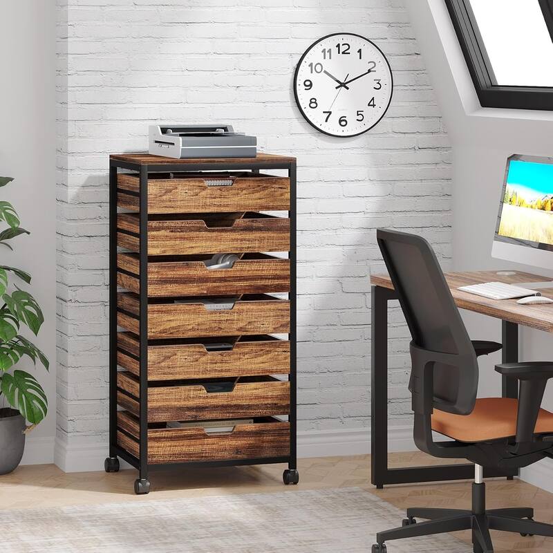 7-Drawer Storage Dresser Cabinet with Wheels Rustic Brown