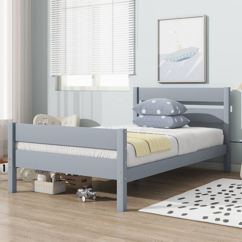 Twin Size Bed with Headboard and Footboard Solid Rubber Wood Frame
