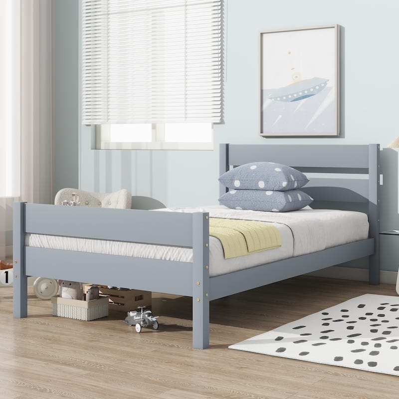 Twin Size Wooden Platform Bed Frame with Headboard and Footboard, Underbed Storage Space, Sturdy Rubber Wood Construction