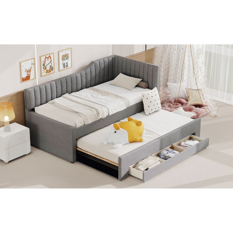 Twin Size Daybed Bed Frame with Linen Upholstered Backrest and Three Drawers, Pull-out Trundle Bed w/Slatted Support