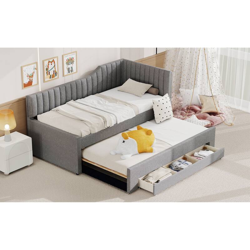 Twin Size Upholstered Daybed with Trundle and Three Drawers