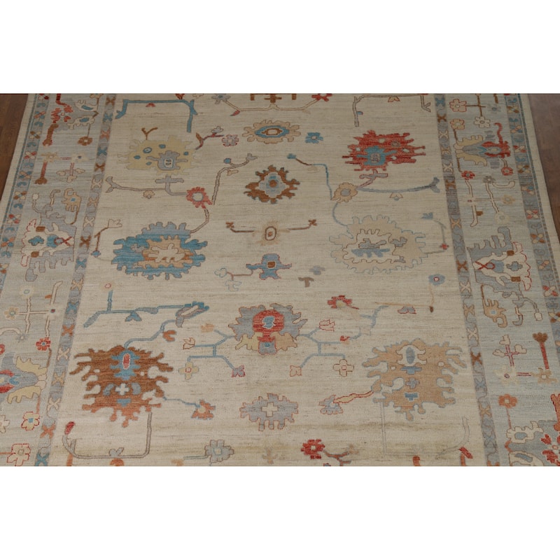 Hand Knotted Oriental 100% Wool Carpet Transitional All-Over Beige & Ivories Oushak Area Rug - 9' 11'' X 8' 2''