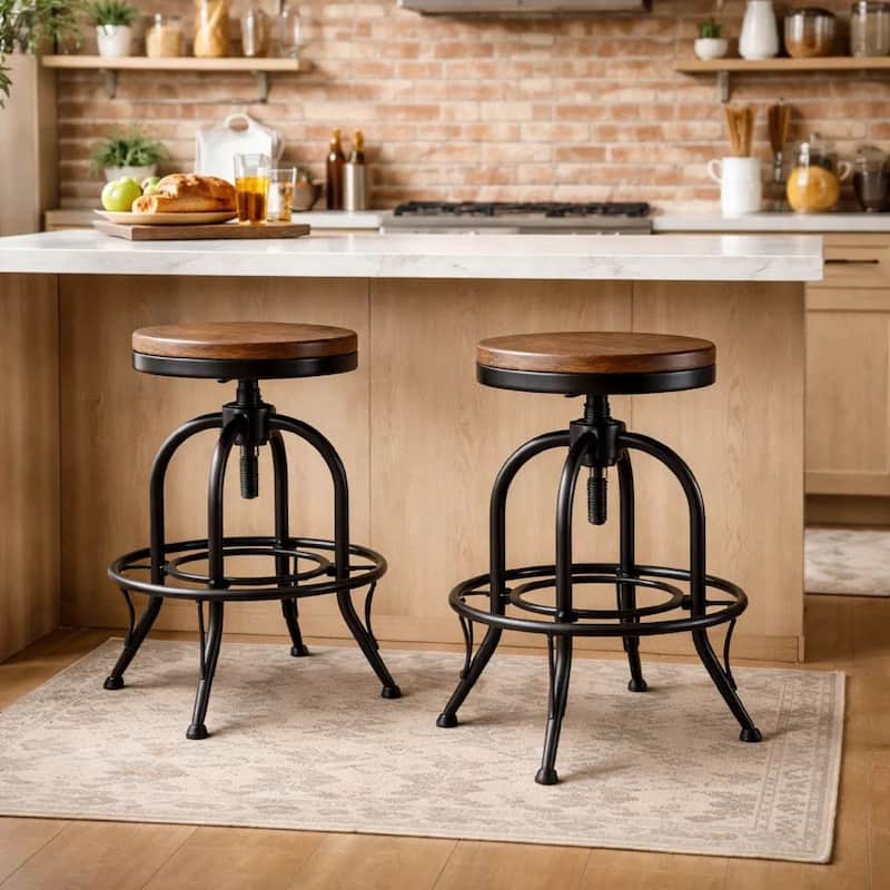 Zane 24 Inch Adjustable Swivel Counter Stool, Set of 2, Black Metal Base