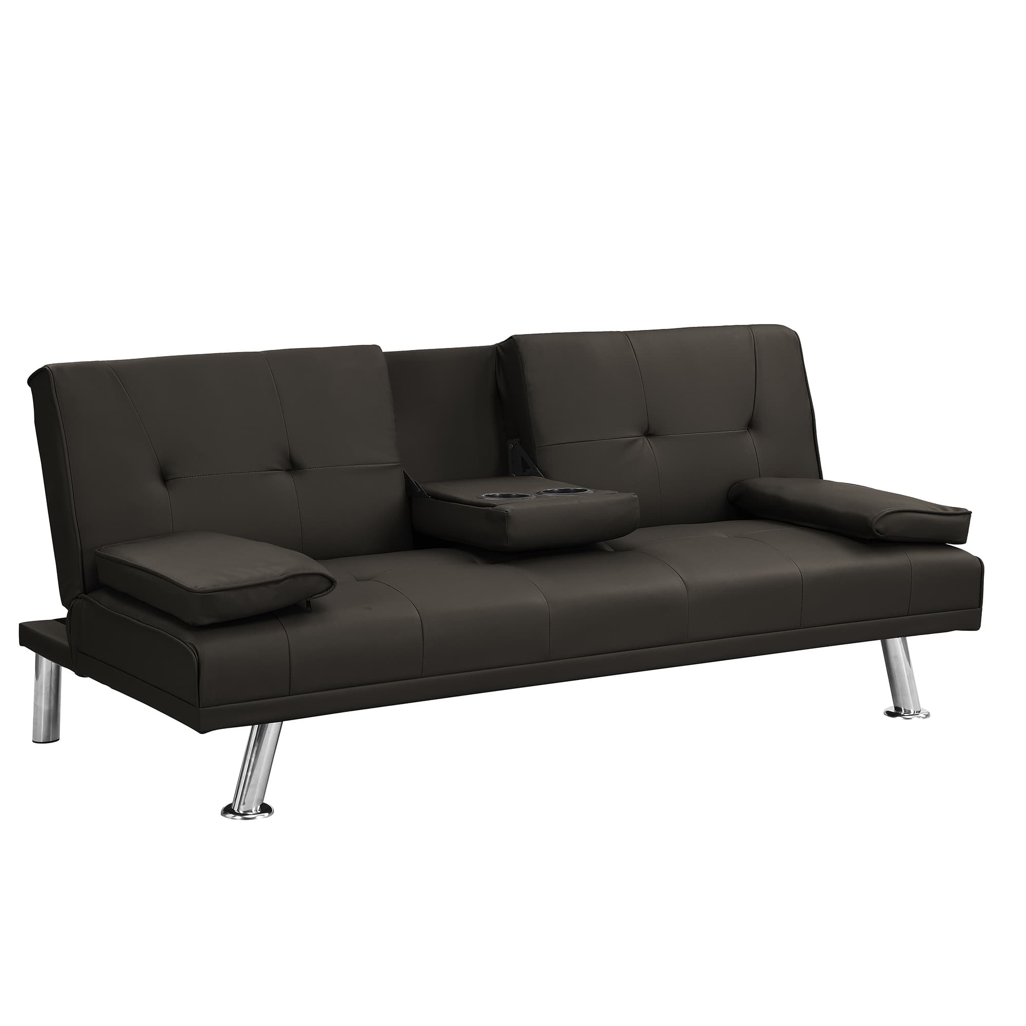 Dark Brown PVC Futon Sofa Bed with Removable Pillow Top Armrest and Cup