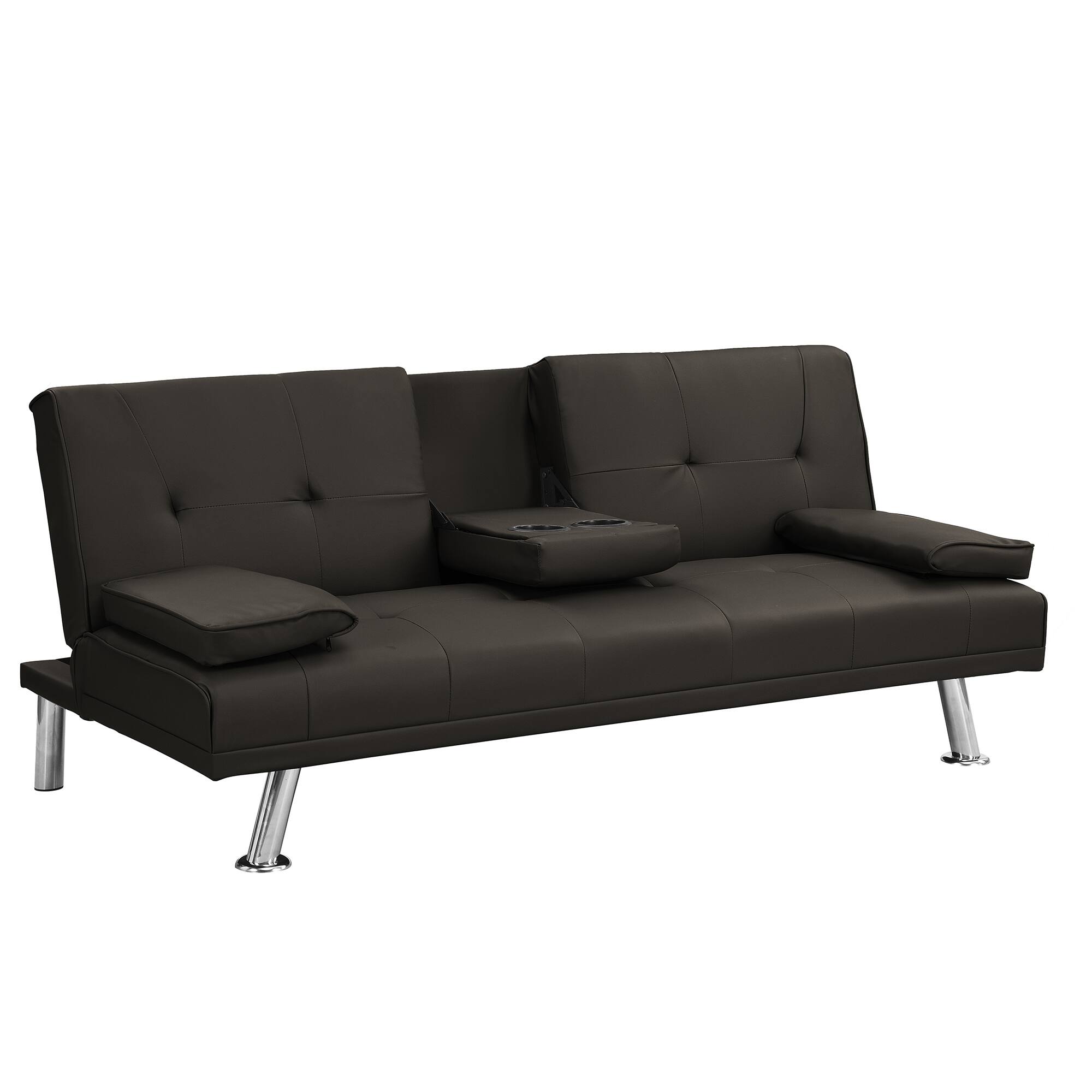 Dark Brown PVC Futon Sofa Bed with Removable Pillow Top Armrest and Cup