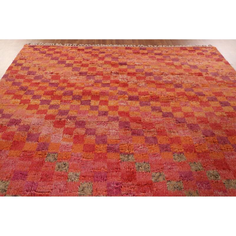 Coral Checkered Moroccan Area Rug Hand-Knotted Wool Carpet - 8'11" x 12'7"