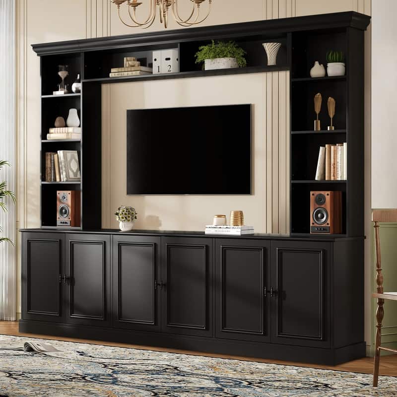4-Piece Wall Unit Entertainment Center with Bookshelf for TVs Up to 70", Mid-Century Modern 97.4" TV Stand with Adjustable Shelf