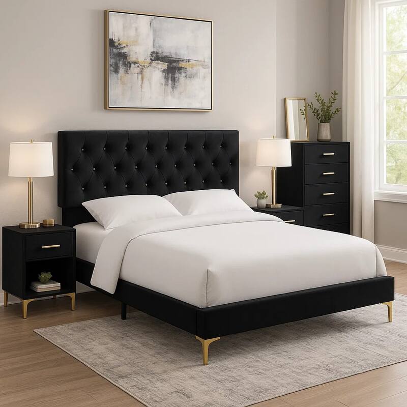 Dle 4 Piece Queen Bedroom Set, Tufted Black Velvet, Modern Gold Accent