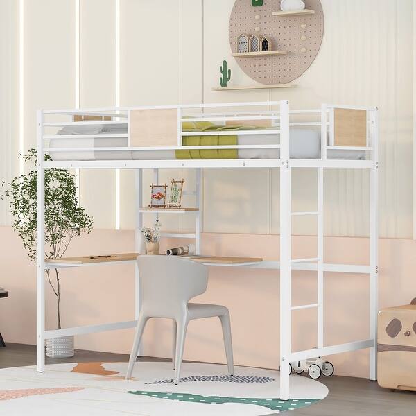slide 2 of 26, Twin Size Metal Loft Bed with Desk and Shelve for Kids, Teens, Girls, Boys White