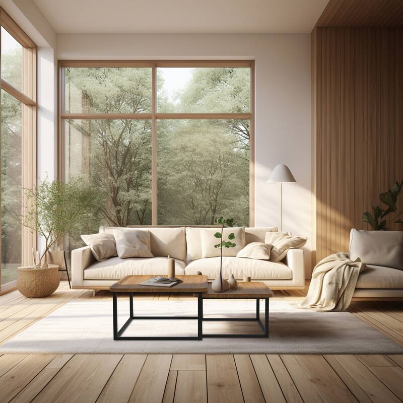 Square Nesting Coffee Table Set of 2 Wood Metal Stacking Side Table - 22"x22"x18"