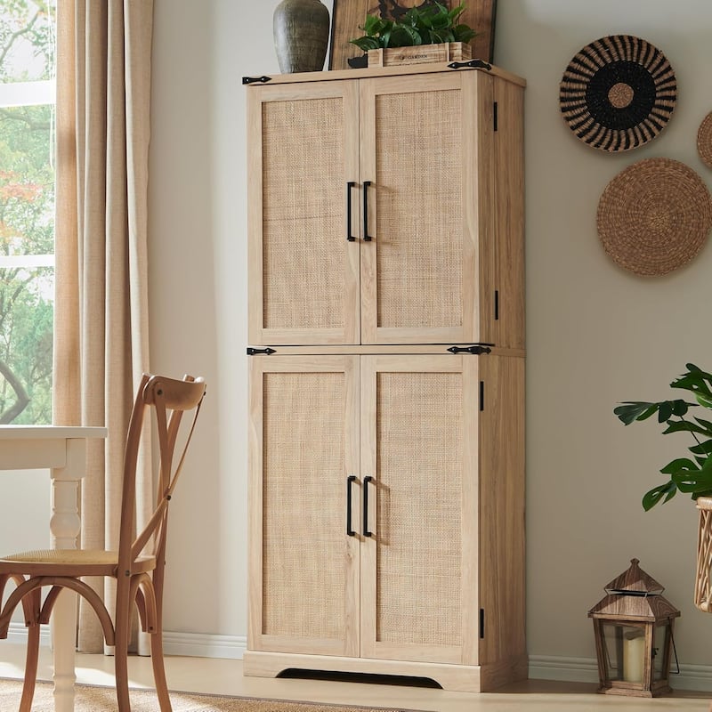 72'' Tall Kitchen Pantry, Double-Layer Rattan Storage Cabinet - N/A - Natural Oak