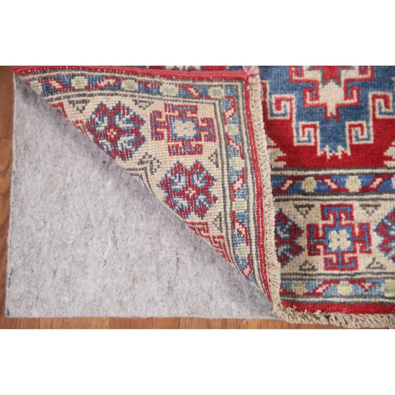 Hand Knotted Oriental 100% Wool Carpet Traditional Geometric Red Kazak Runner Rug - 7' 7'' X 2' 9''