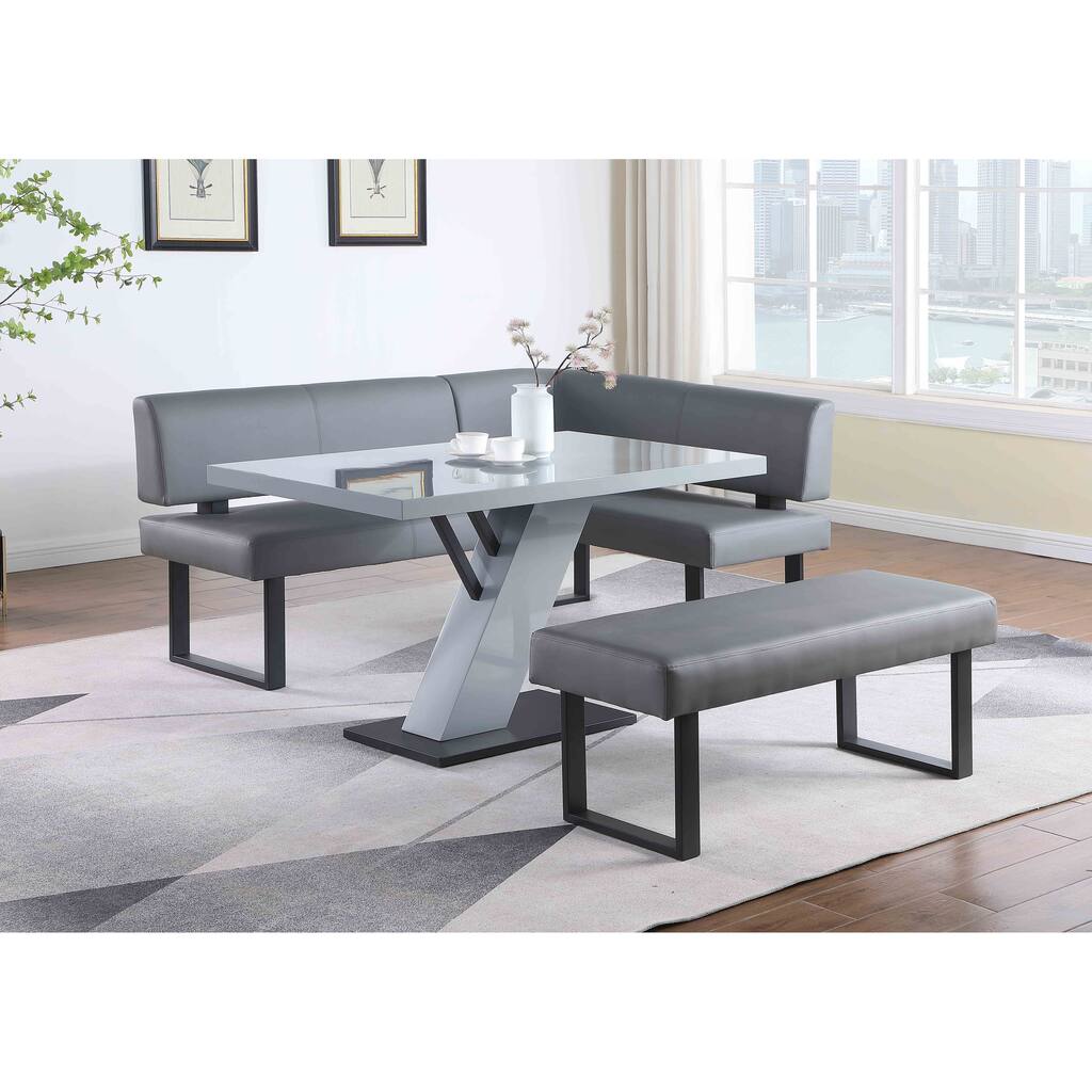Somette Lillian 3-Piece Gloss Gray Dining Set with Dining Table, Nook and Bench