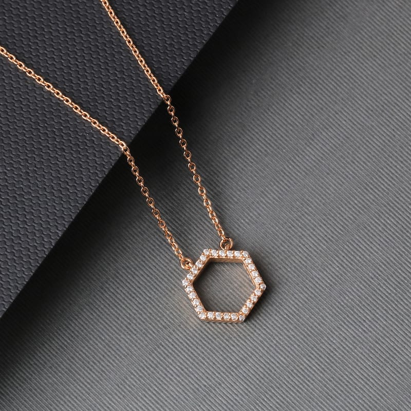1/10ct Diamond Geometric Pendant Necklace in Silver for Women - Hexagon - Rose
